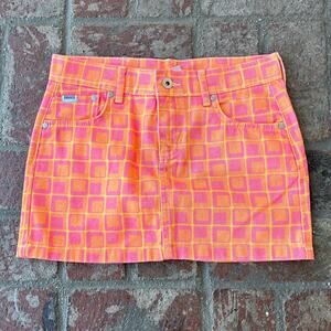 Ragged Jeans Skirt Mini 70s Print Orange Pink Squares Size 24 Zip Button Denim